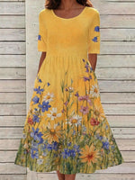 Floral Print Round Neck Half Sleeve Loose High Waist A-Line Cotton Blend Maxi Dress