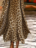 Leopard Print Crew Neck Three Quarter Sleeve Open Front Coat With Matching A-Line Maxi Dress 2 Piece Set