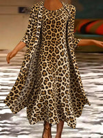 Leopard Print Crew Neck Three Quarter Sleeve Open Front Coat With Matching A-Line Maxi Dress 2 Piece Set