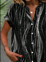 Wave Geometric Strip Split Collar Short Sleeve Loose H-Line Polyester Spandex Elegant Blouse