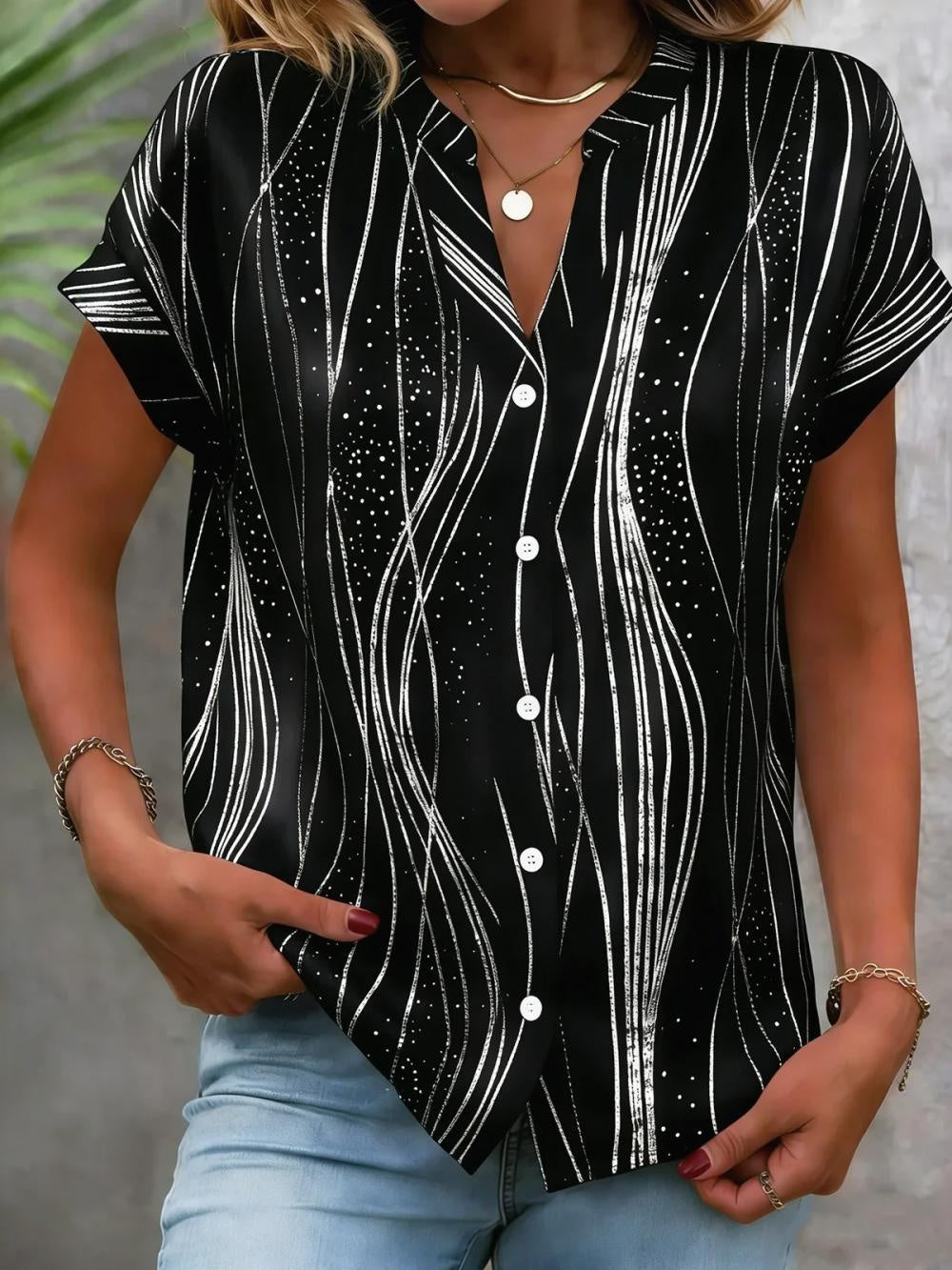 Wave Geometric Strip Split Collar Short Sleeve Loose H-Line Polyester Spandex Elegant Blouse