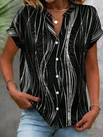 Wave Geometric Strip Split Collar Short Sleeve Loose H-Line Polyester Spandex Elegant Blouse