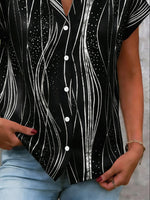 Wave Geometric Strip Split Collar Short Sleeve Loose H-Line Polyester Spandex Elegant Blouse