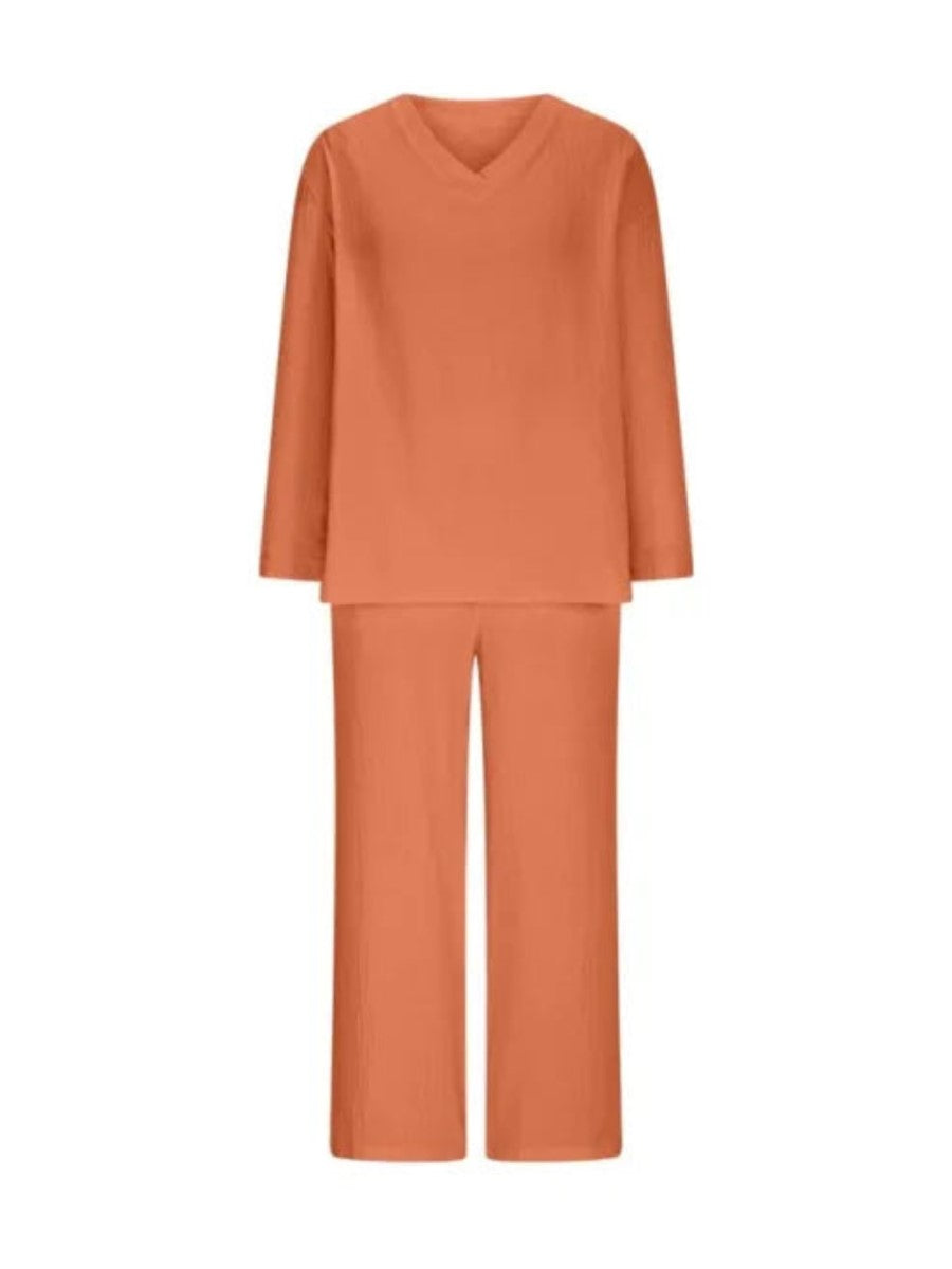 Orange Textured V-Neck Long Sleeve Top & Wide Leg Cropped Pants Two Piece Matching Linen Set For Women