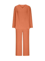 Orange Textured V-Neck Long Sleeve Top & Wide Leg Cropped Pants Two Piece Matching Linen Set For Women