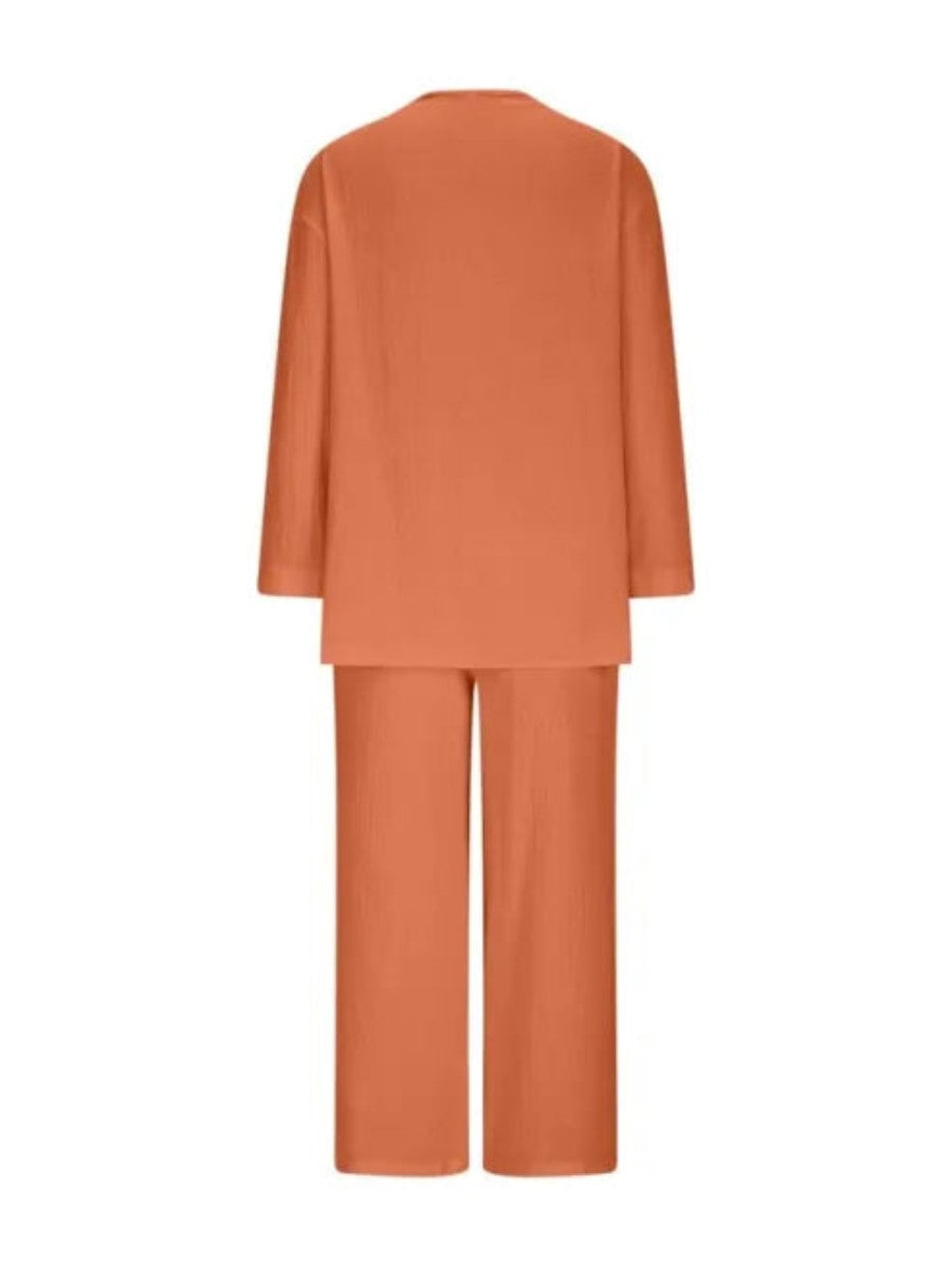 Orange Textured V-Neck Long Sleeve Top & Wide Leg Cropped Pants Two Piece Matching Linen Set For Women