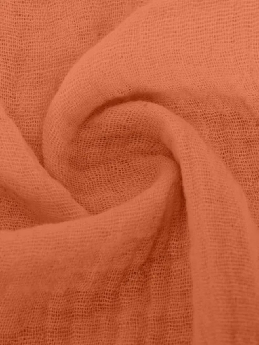 Orange Textured V-Neck Long Sleeve Top & Wide Leg Cropped Pants Two Piece Matching Linen Set For Women