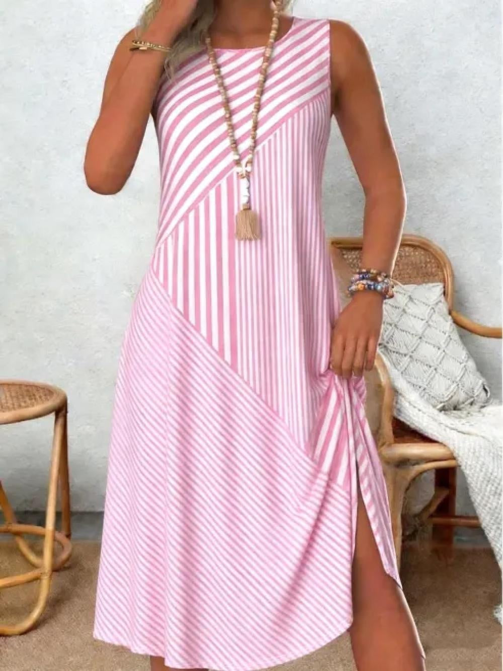 Pink Diagonal Stripe Patchwork Crew Neck Sleeveless Side Slit Loose Cotton Midi Dress For Women