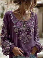 Purple Floral Embroidered Crew Neck Elastic Long Sleeve Micro-Elastic Regular Fit Women Blouse
