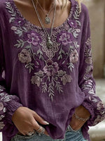 Purple Floral Embroidered Crew Neck Elastic Long Sleeve Micro-Elastic Regular Fit Women Blouse