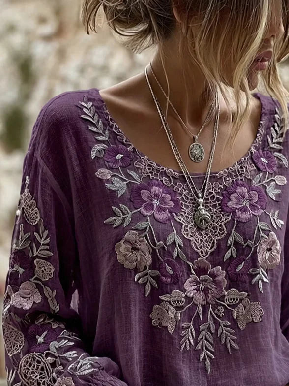 Purple Floral Embroidered Crew Neck Elastic Long Sleeve Micro-Elastic Regular Fit Women Blouse