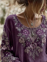 Purple Floral Embroidered Crew Neck Elastic Long Sleeve Micro-Elastic Regular Fit Women Blouse