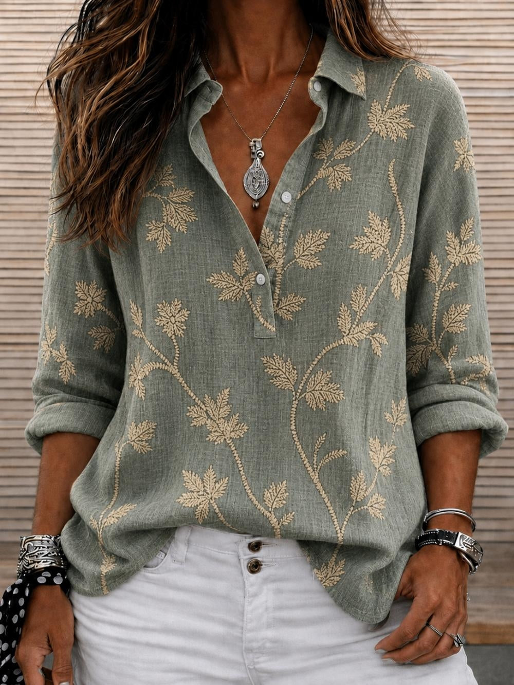 Green Leaf Embroidered Shawl Collar Long Sleeve Women Shirt