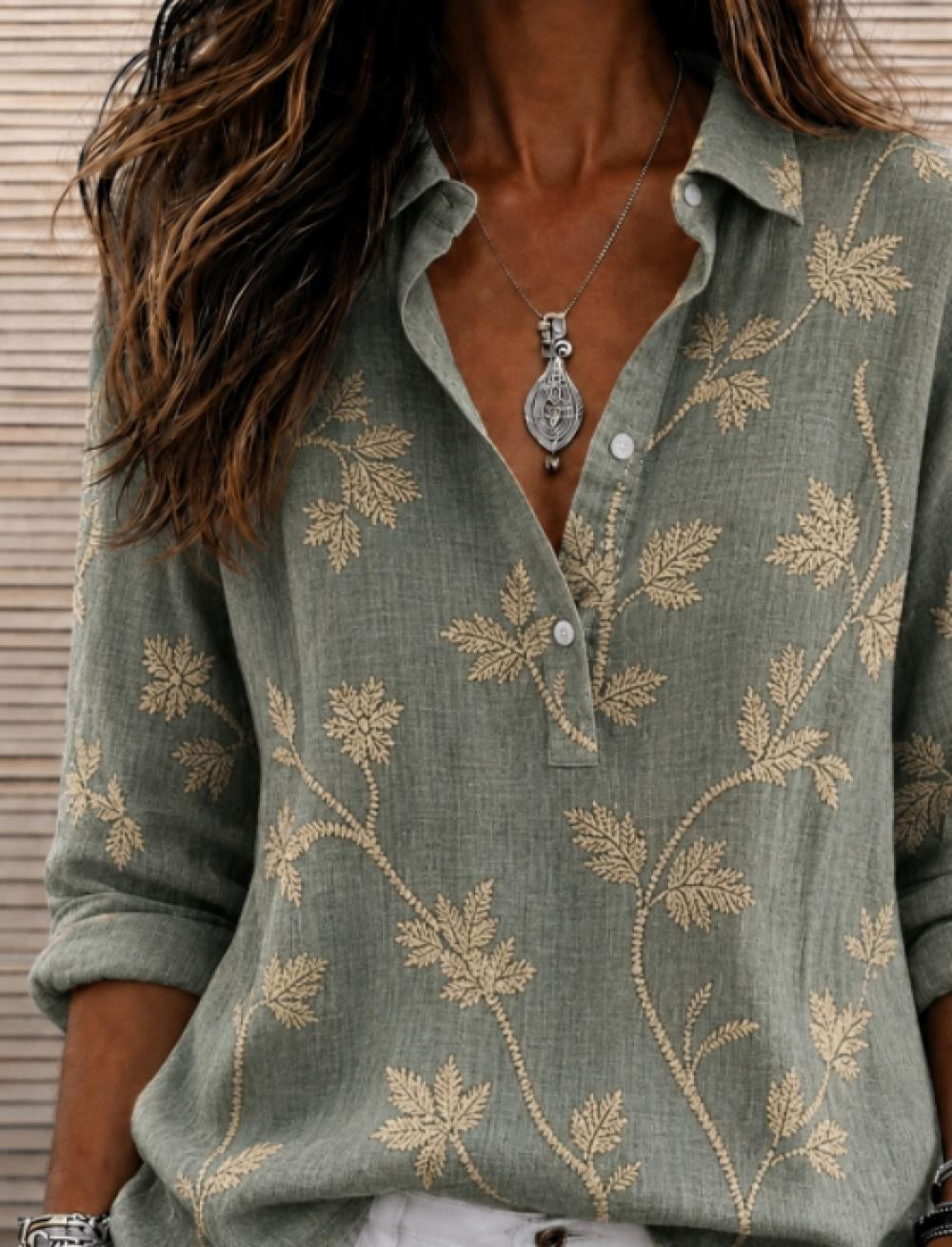 Green Leaf Embroidered Shawl Collar Long Sleeve Women Shirt
