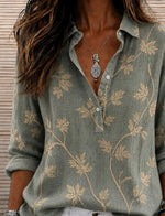 Green Leaf Embroidered Shawl Collar Long Sleeve Women Shirt