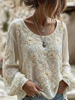 White Daisy Embroidered Crew Neck Loose Blouse