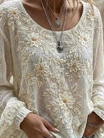 White Daisy Embroidered Crew Neck Loose Blouse