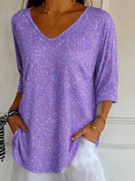 Purple Sparkly V-Neck 3/4 Sleeve T-Shirt