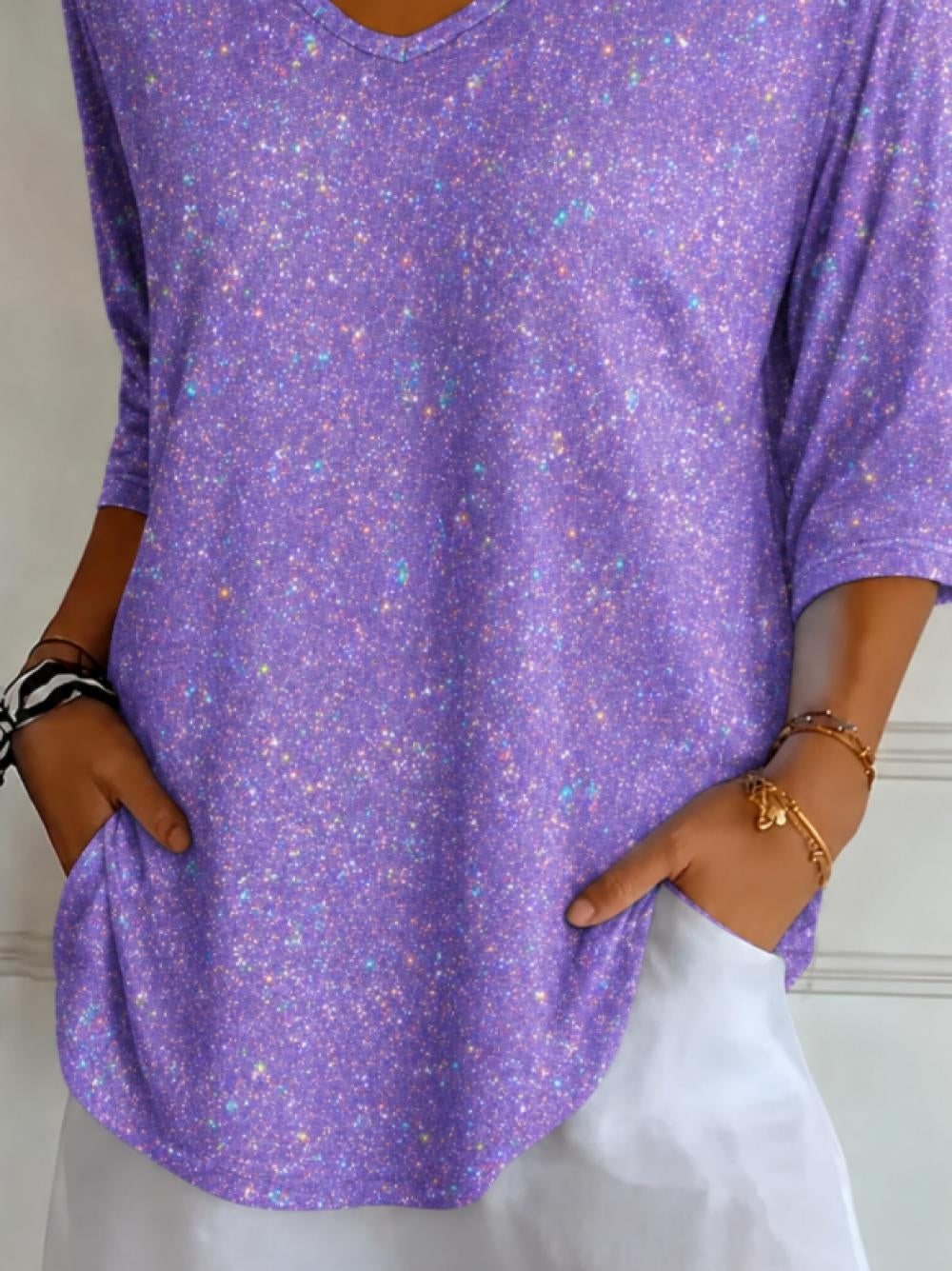 Purple Sparkly V-Neck 3/4 Sleeve T-Shirt