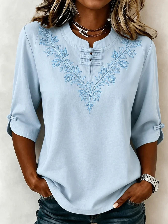 Sky Blue Mandarin Collar Floral Embroidered Half Sleeve Blouse