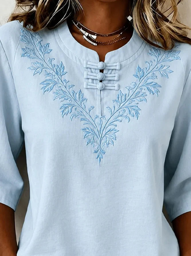 Sky Blue Mandarin Collar Floral Embroidered Half Sleeve Blouse