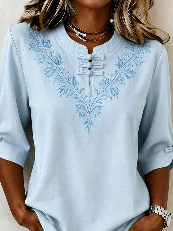 Sky Blue Mandarin Collar Floral Embroidered Half Sleeve Blouse