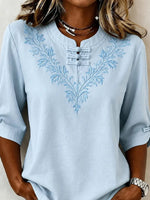 Sky Blue Mandarin Collar Floral Embroidered Half Sleeve Blouse