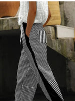 Black Striped H-Line Loose Baggy Casual Long Pants For Spring & Fall