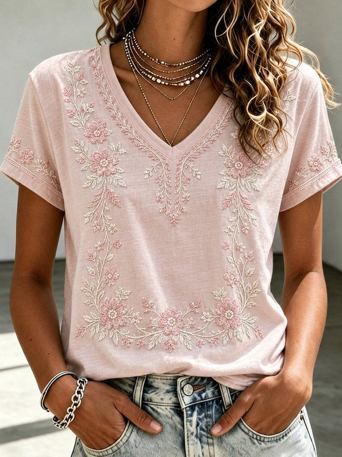 Casual Floral V Neck Short Sleeve T-shirt