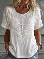 Retro Boho 3D Floral Wing Cross Crew Neck Loose Short Sleeve Casual Top