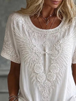 Retro Boho 3D Floral Wing Cross Crew Neck Loose Short Sleeve Casual Top