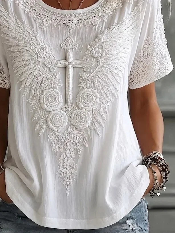 Retro Boho 3D Floral Wing Cross Crew Neck Loose Short Sleeve Casual Top