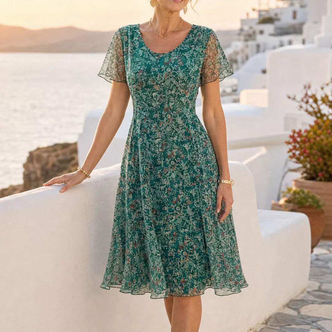 Women Sage Green Floral Chiffon Midi Dress, Flutter Sleeve Fit And Flare Summer Casual Dress