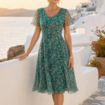 Women Sage Green Floral Chiffon Midi Dress, Flutter Sleeve Fit And Flare Summer Casual Dress