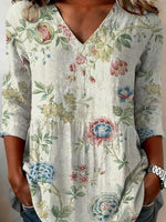 Vintage Floral V-Neck Three-Quarter Sleeve Peplum Tunic Top