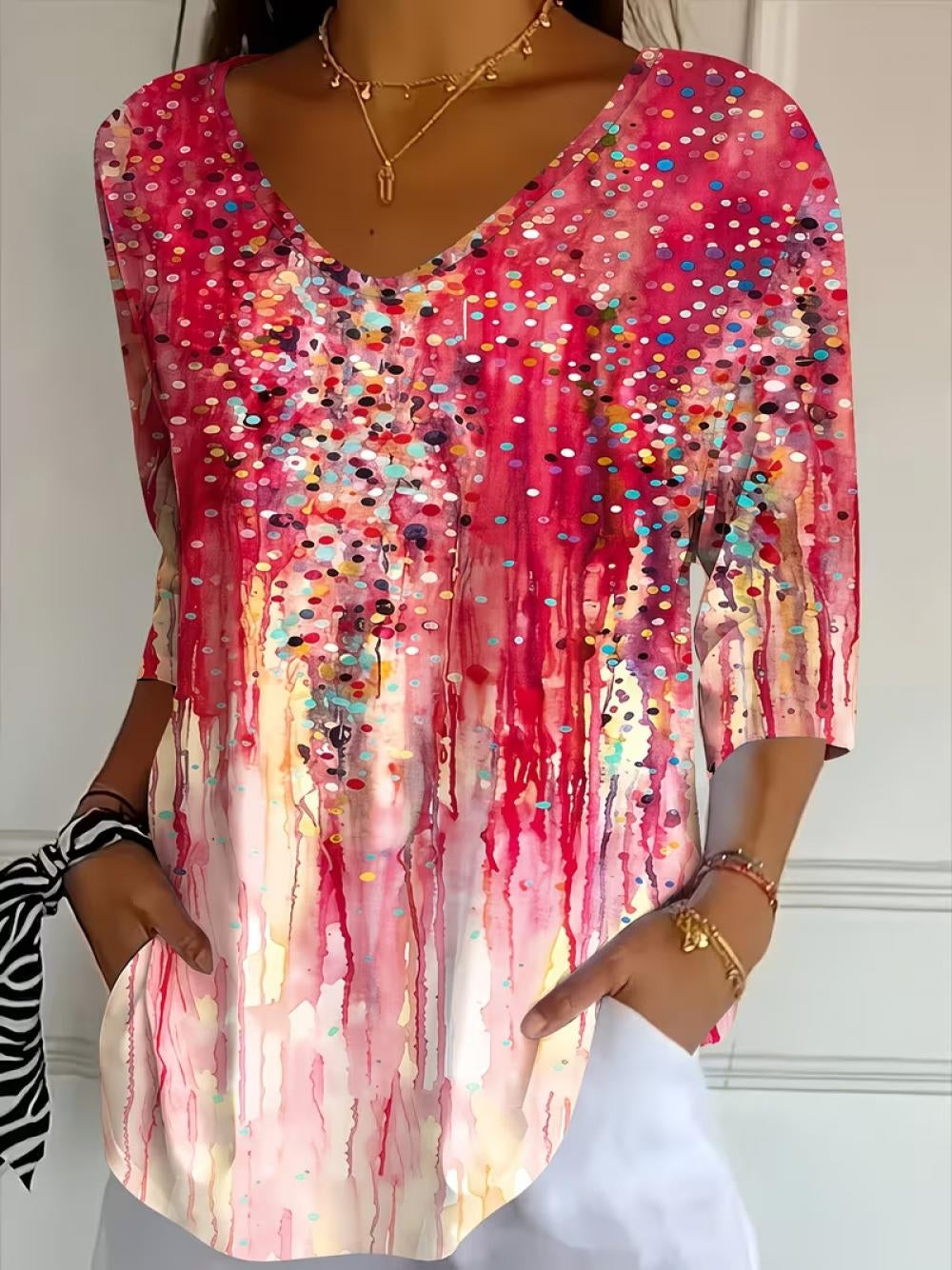 Pink Watercolor Drip Dot Abstract V-Neck Three-Quarter Sleeve Pocket Tunic T-Shirt