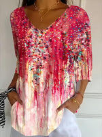 Pink Watercolor Drip Dot Abstract V-Neck Three-Quarter Sleeve Pocket Tunic T-Shirt