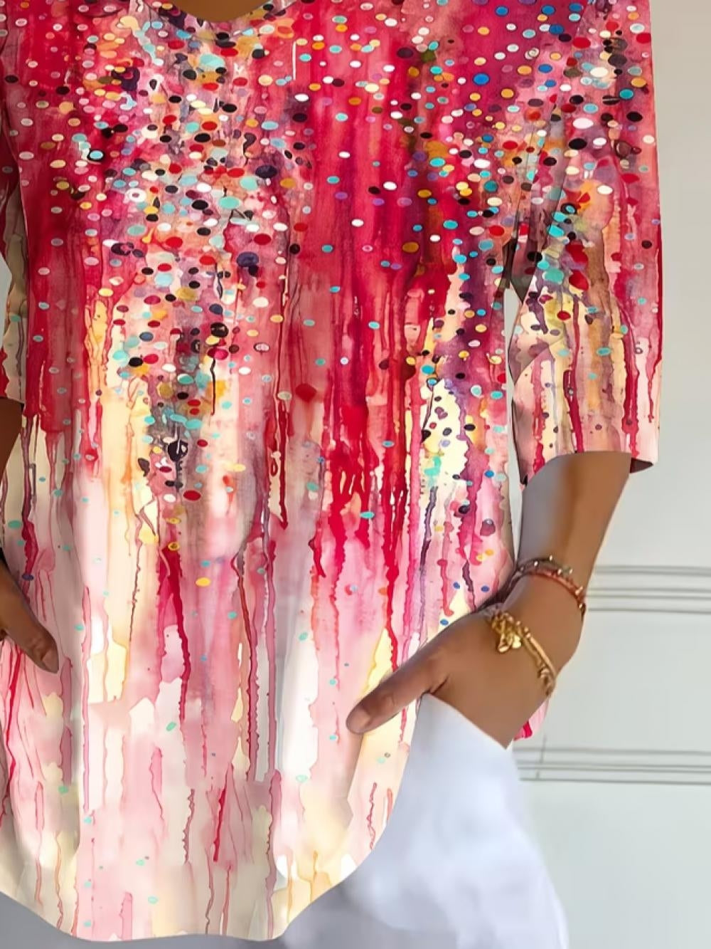 Pink Watercolor Drip Dot Abstract V-Neck Three-Quarter Sleeve Pocket Tunic T-Shirt
