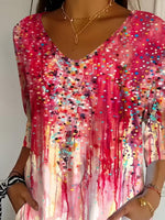 Pink Watercolor Drip Dot Abstract V-Neck Three-Quarter Sleeve Pocket Tunic T-Shirt