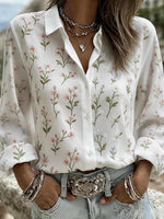 White Ditsy Long Sleeve Floral Lightweight Regular Fit Shirt For Women