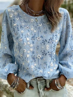 Light Blue Ditsy Floral Crew Neck Puff Long Sleeve Loose Blouse