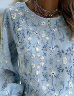 Light Blue Ditsy Floral Crew Neck Puff Long Sleeve Loose Blouse
