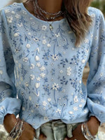 Light Blue Ditsy Floral Crew Neck Puff Long Sleeve Loose Blouse