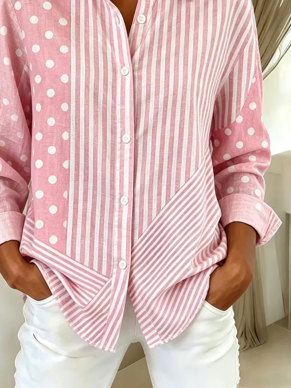 Pink Mixed Polka Dot & Vertical Stripe Patchwork Lapel Long Sleeve Button Down Shirt