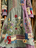 Vintage Patchwork Floral Embroidery Crew Neck Long Sleeve Linen H-Line Midi Dress