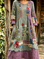 Vintage Patchwork Floral Embroidery Crew Neck Long Sleeve Linen H-Line Midi Dress