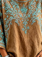 Vintage Brown Turquoise Floral Embroidery Crew Neck Loose Half Sleeve Western T-Shirt