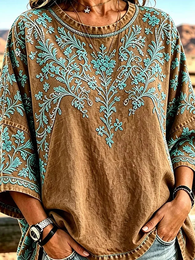 Vintage Brown Turquoise Floral Embroidery Crew Neck Loose Half Sleeve Western T-Shirt
