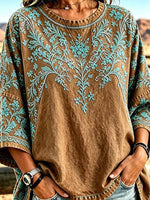 Vintage Brown Turquoise Floral Embroidery Crew Neck Loose Half Sleeve Western T-Shirt