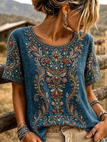 Navy Blue Vintage Gem Paisley 3D Print Crew Neck Short Sleeve Casual T-Shirt